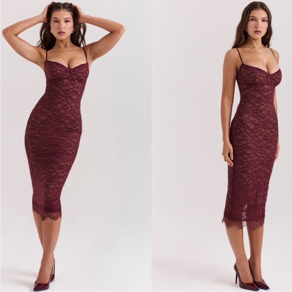 HOUSE OF‎ CB 'Melina' Mulberry Lace Midi Dress NWOT size S A-C
